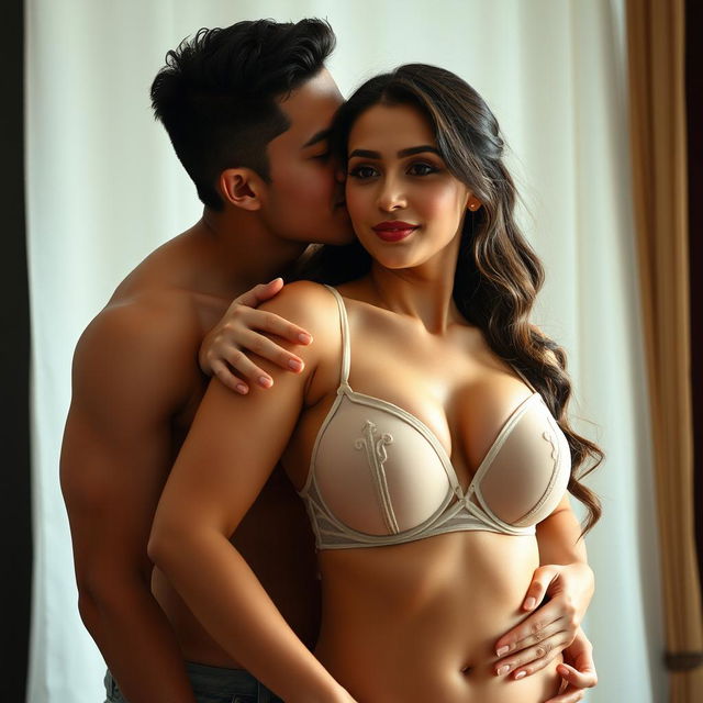 A 39-year-old Indonesian man with an athletic build and handsome features, embracing a beautiful 28-year-old woman with a sturdy and sexy body from behind in a very affectionate manner while kissing her cheek