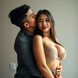 A 39-year-old Indonesian man with an athletic build and handsome features, embracing a beautiful 28-year-old woman with a sturdy and sexy body from behind in a very affectionate manner while kissing her cheek