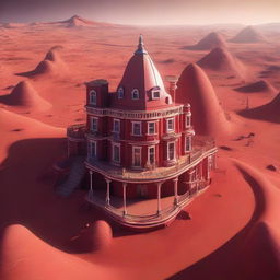 A Pixar-style drone's eye view of a charming Victorian villa on Mars. Its architecture blends playfully with the red Martian landscape, with a distant cosmic horizon providing the perfect cartoon-esque backdrop.