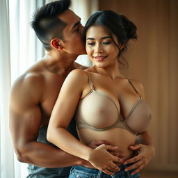 A 39-year-old Indonesian man with an athletic build and handsome features, embracing a beautiful 28-year-old woman with a sturdy and sexy body from behind in a very affectionate manner while kissing her cheek