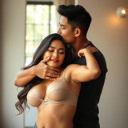A 39-year-old Indonesian man with an athletic build and handsome features, embracing a beautiful 28-year-old woman with a sturdy and sexy body from behind in a very affectionate manner while kissing her cheek