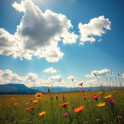 A serene landscape featuring a beautiful sky background with fluffy white clouds against a brilliant blue sky