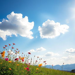 A serene landscape featuring a beautiful sky background with fluffy white clouds against a brilliant blue sky