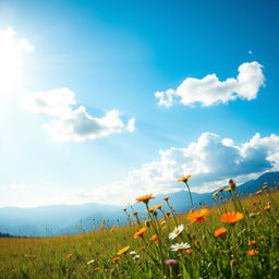 A serene landscape featuring a beautiful sky background with fluffy white clouds against a brilliant blue sky