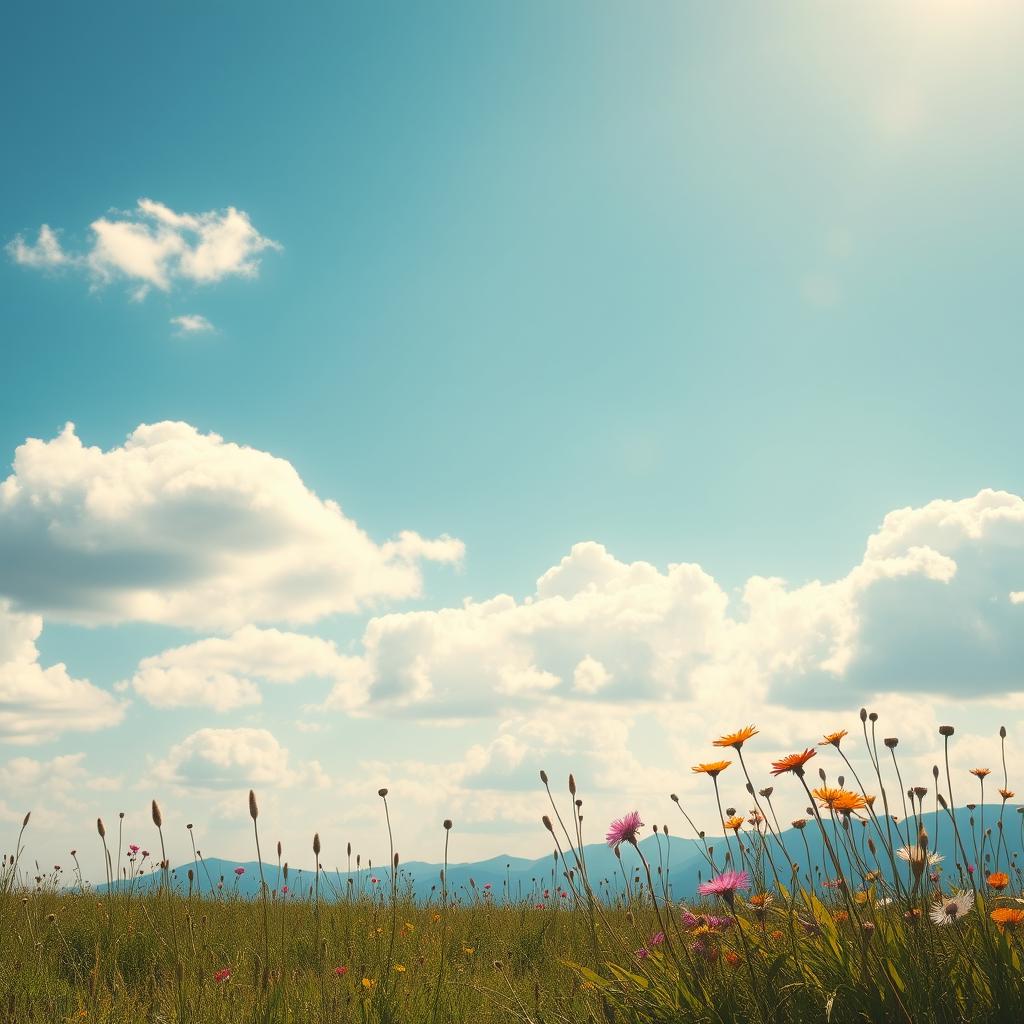 A serene landscape featuring a beautiful sky background with fluffy white clouds against a brilliant blue sky