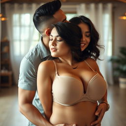 A 39-year-old Indonesian man with pure white skin is embracing a beautiful 28-year-old woman with a sturdy and sexy body from behind in a very affectionate manner while kissing her cheek