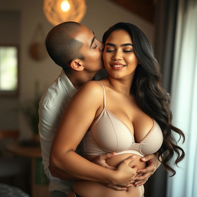 A 39-year-old Indonesian man with pure white skin is embracing a beautiful 28-year-old woman with a sturdy and sexy body from behind in a very affectionate manner while kissing her cheek