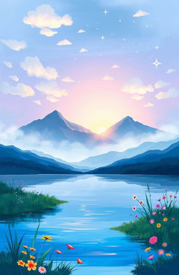 A dreamy, abstract representation of a serene landscape, blending shades of blue and purple in soft brush strokes