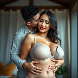 A 39-year-old Indonesian man with pure white skin, embracing a beautiful 28-year-old woman with a sturdy and sexy body from behind in a very affectionate manner while kissing her cheek