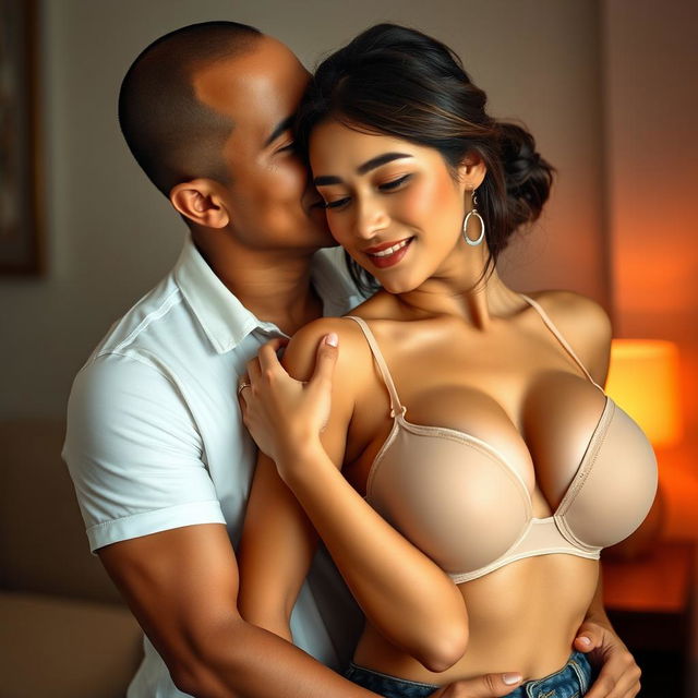 A 39-year-old Indonesian man with pure white skin, embracing a beautiful 28-year-old woman with a sturdy and sexy body from behind in a very affectionate manner while kissing her cheek