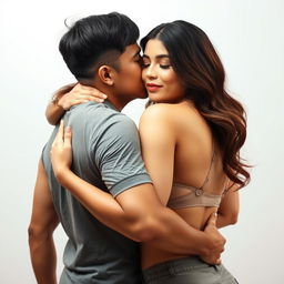 A 39-year-old Indonesian man with pure white skin, embracing a beautiful 28-year-old woman with a sturdy and sexy body from behind in a very affectionate manner while kissing her cheek