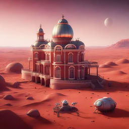 A Pixar-style drone's eye view of a charming Victorian villa on Mars. Its architecture blends playfully with the red Martian landscape, with a distant cosmic horizon providing the perfect cartoon-esque backdrop.