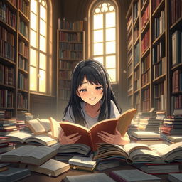 An animated scene depicting a 15-year-old girl with long black hair lying on the floor covered with books, engrossed in reading one of them