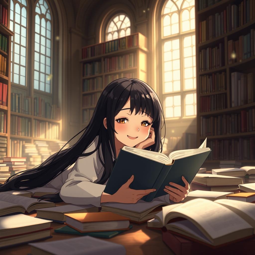An animated scene depicting a 15-year-old girl with long black hair lying on the floor covered with books, engrossed in reading one of them