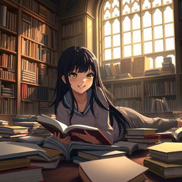 An animated scene depicting a 15-year-old girl with long black hair lying on the floor covered with books, engrossed in reading one of them