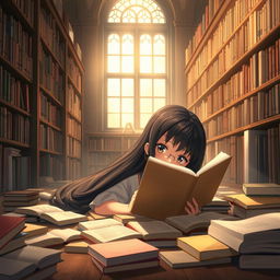 An animated scene depicting a 15-year-old girl with long black hair lying on the floor covered with books, engrossed in reading one of them