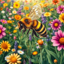 A beautifully detailed illustration of a bee, showcasing its vibrant yellow and black stripes, intricate wings shimmering in the sunlight, and delicate legs collecting pollen from a blooming flower