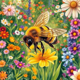 A beautifully detailed illustration of a bee, showcasing its vibrant yellow and black stripes, intricate wings shimmering in the sunlight, and delicate legs collecting pollen from a blooming flower
