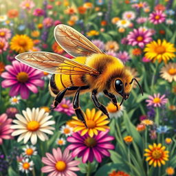 A beautifully detailed illustration of a bee, showcasing its vibrant yellow and black stripes, intricate wings shimmering in the sunlight, and delicate legs collecting pollen from a blooming flower