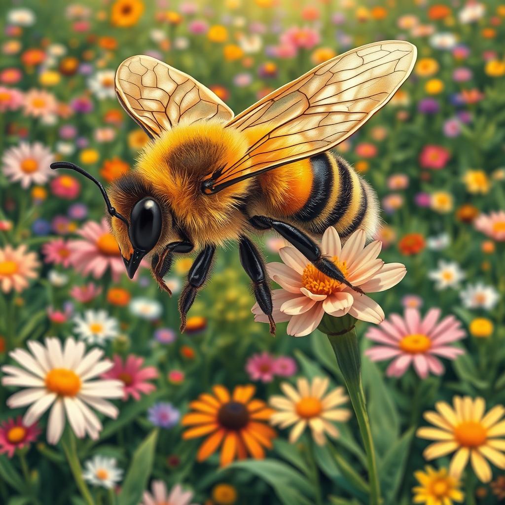 A beautifully detailed illustration of a bee, showcasing its vibrant yellow and black stripes, intricate wings shimmering in the sunlight, and delicate legs collecting pollen from a blooming flower