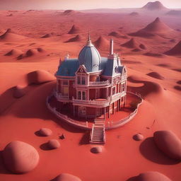 A Pixar-style drone's eye view of a charming Victorian villa on Mars. Its architecture blends playfully with the red Martian landscape, with a distant cosmic horizon providing the perfect cartoon-esque backdrop.