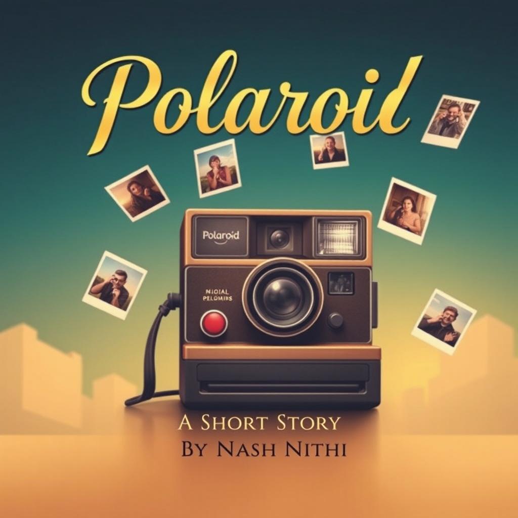 An elegant book cover design for the short story "Polaroid" featuring a vintage Polaroid camera as the central image
