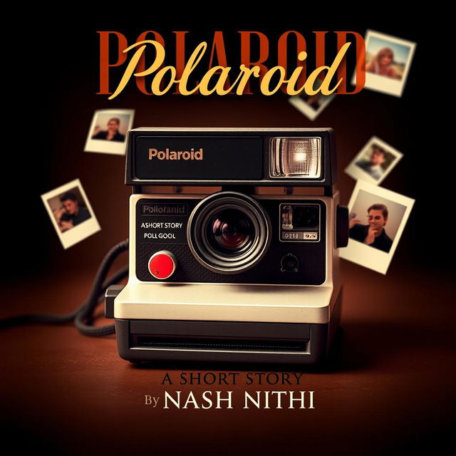 An elegant book cover design for the short story "Polaroid" featuring a vintage Polaroid camera as the central image
