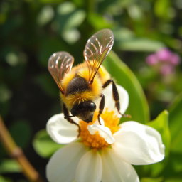 A close-up view of a colorful and detailed bee, capturing its delicate wings and vibrant yellow and black stripes