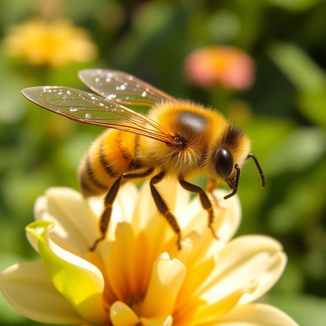 A close-up view of a colorful and detailed bee, capturing its delicate wings and vibrant yellow and black stripes
