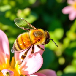 A close-up view of a colorful and detailed bee, capturing its delicate wings and vibrant yellow and black stripes