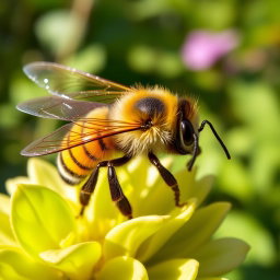 A close-up view of a colorful and detailed bee, capturing its delicate wings and vibrant yellow and black stripes