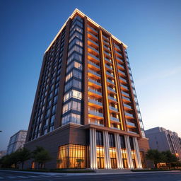 A stunning 3D exterior view of a luxury 20-story residential tower in Tehran, designed with inspiration from a soaring arrow towards the sky