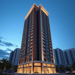 A stunning 3D exterior view of a luxury 20-story residential tower in Tehran, designed with inspiration from a soaring arrow towards the sky