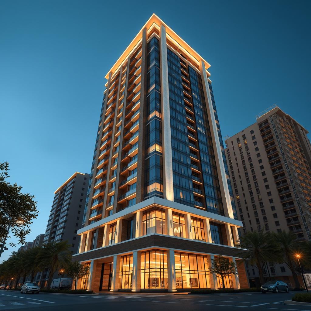 A stunning 3D exterior view of a luxury 20-story residential tower in Tehran, designed with inspiration from a soaring arrow towards the sky