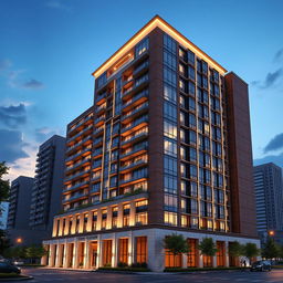 A stunning 3D exterior view of a luxury 20-story residential tower in Tehran, designed with inspiration from a soaring arrow towards the sky
