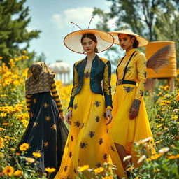 A stunning fashion design collection inspired by bees, showcasing honeycomb patterns and vibrant yellow and black color schemes
