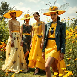 A stunning fashion design collection inspired by bees, showcasing honeycomb patterns and vibrant yellow and black color schemes