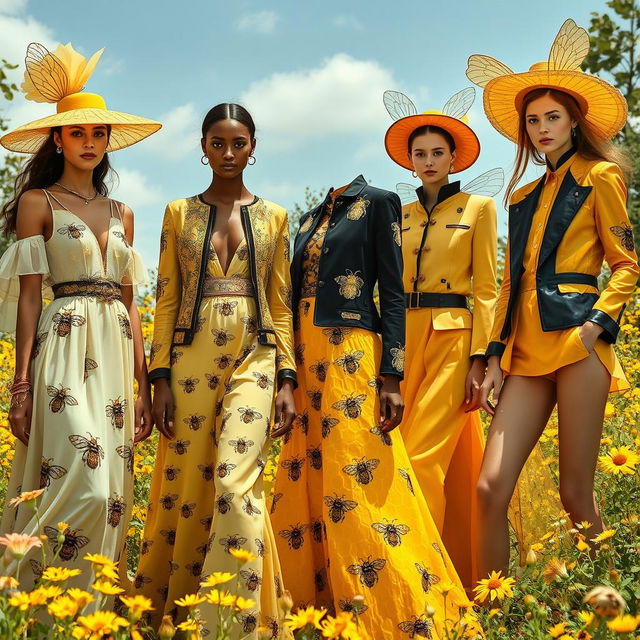 A stunning fashion design collection inspired by bees, showcasing honeycomb patterns and vibrant yellow and black color schemes