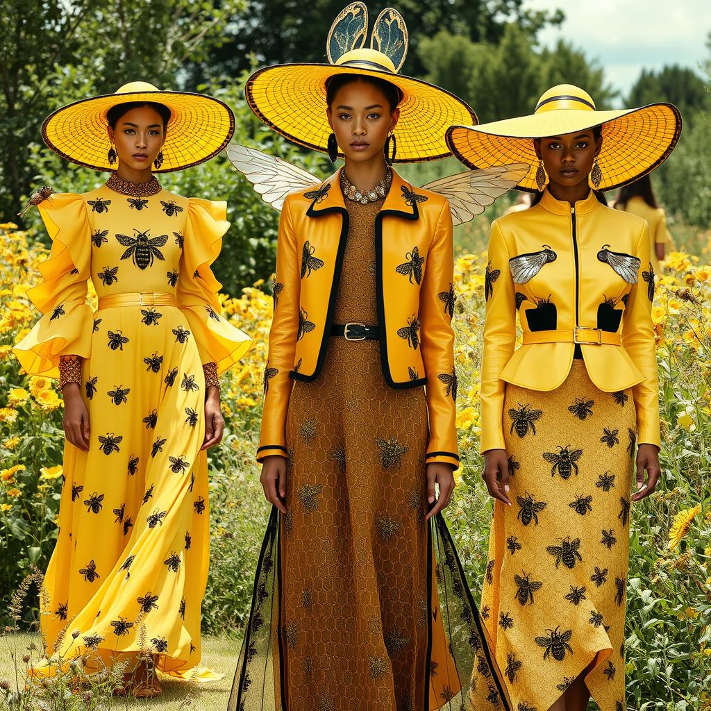 A stunning fashion design collection inspired by bees, showcasing honeycomb patterns and vibrant yellow and black color schemes