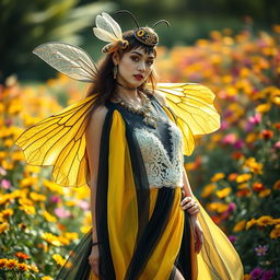 A stunning fashion design inspired by bees, featuring a striking black and yellow color palette reminiscent of bee stripes