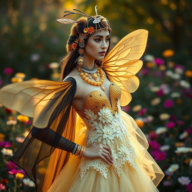 A stunning fashion design inspired by bees, featuring a striking black and yellow color palette reminiscent of bee stripes