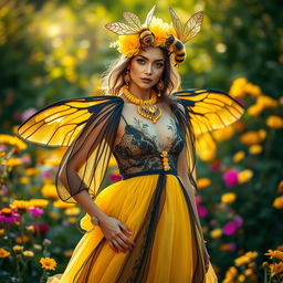 A stunning fashion design inspired by bees, featuring a striking black and yellow color palette reminiscent of bee stripes