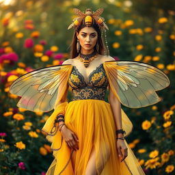 A stunning fashion design inspired by bees, featuring a striking black and yellow color palette reminiscent of bee stripes