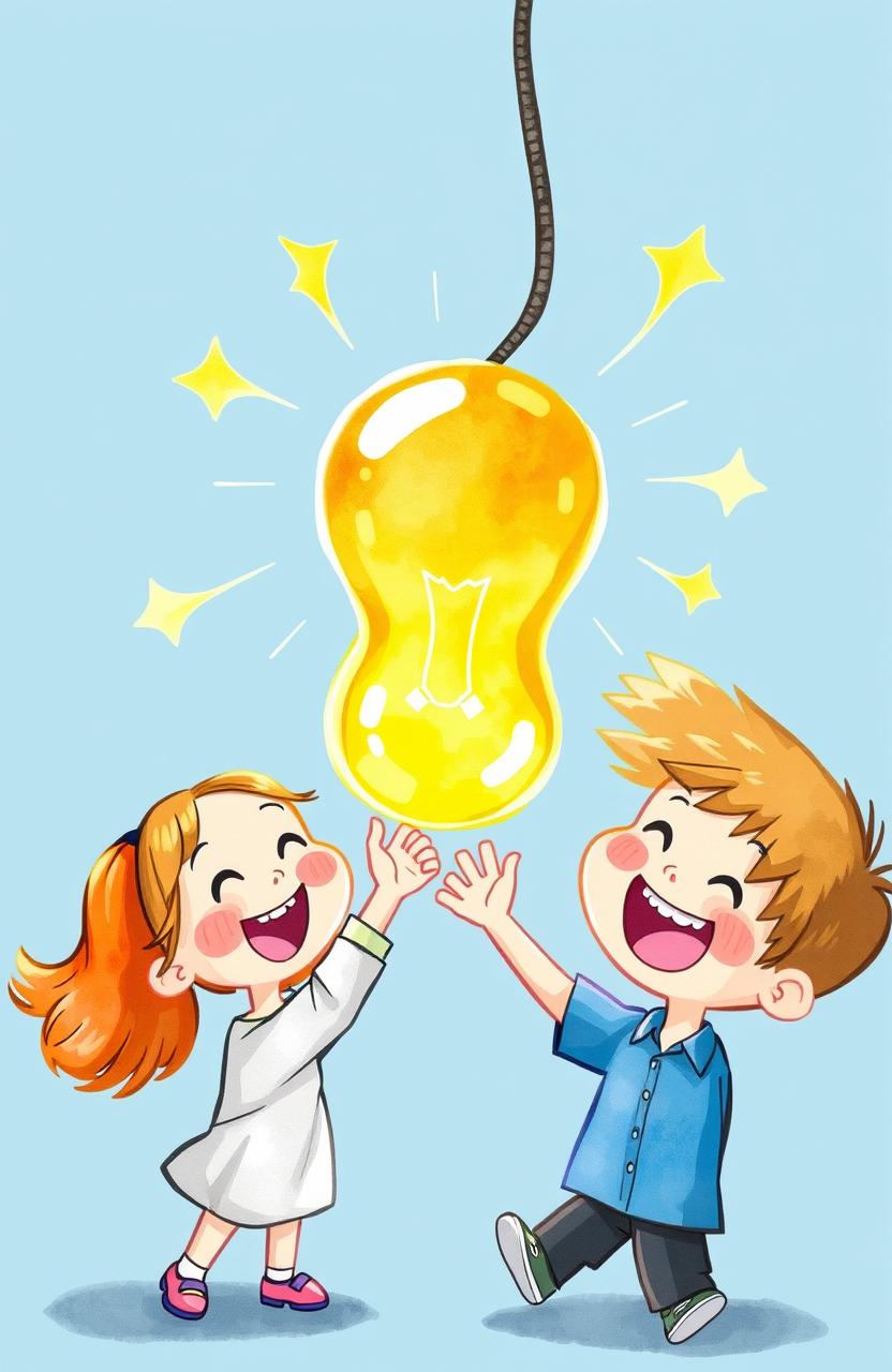 A vibrant cartoon-style illustration depicting a girl and a boy, both excitedly interacting with a glowing, whimsical light bulb that symbolizes the wonders of electricity