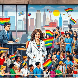A vibrant mural depicting the diverse roles of men, women, and LGBTQ individuals in contemporary society