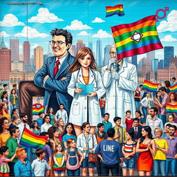 A vibrant mural depicting the diverse roles of men, women, and LGBTQ individuals in contemporary society