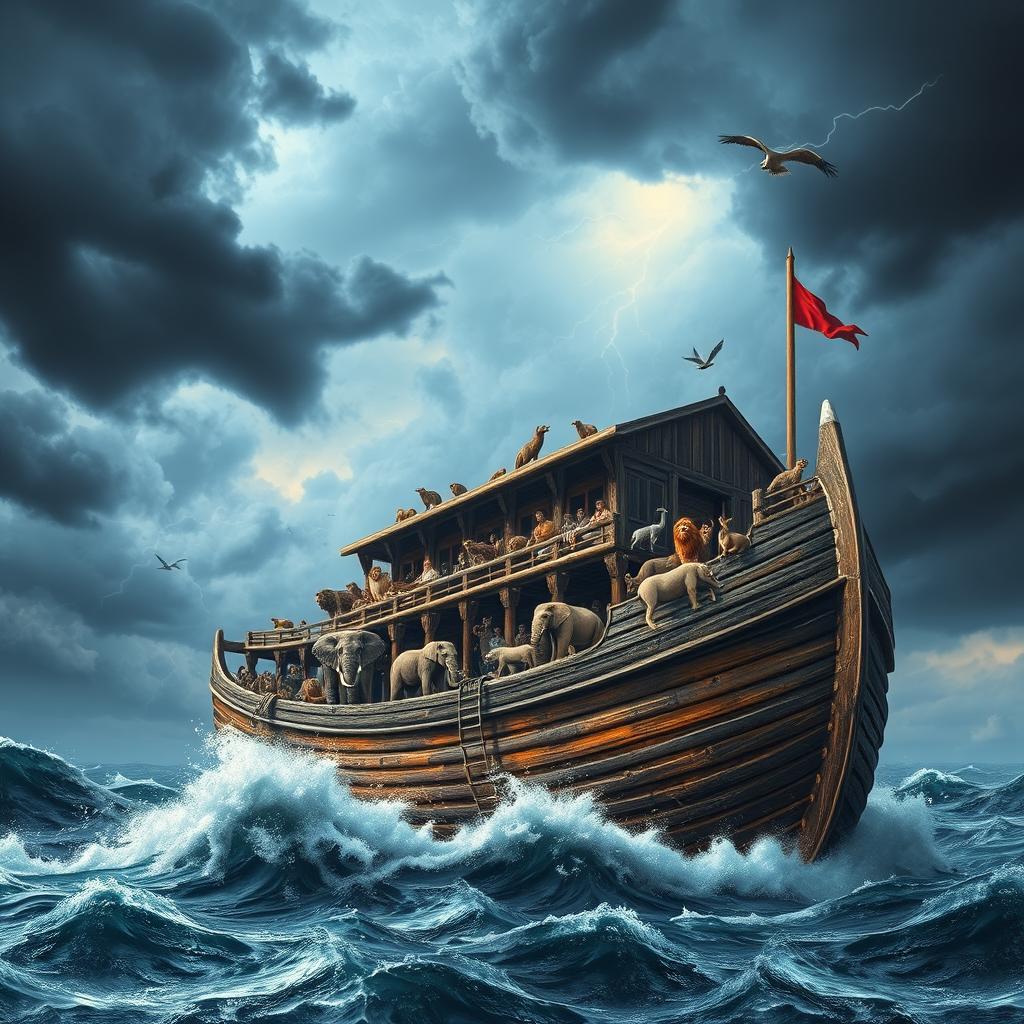 An artistic representation of Noah's Ark, a massive ancient wooden ship, floating on tumultuous waters