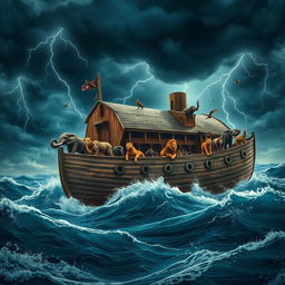 An artistic representation of Noah's Ark, a massive ancient wooden ship, floating on tumultuous waters