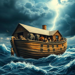 An artistic representation of Noah's Ark, a massive ancient wooden ship, floating on tumultuous waters