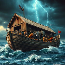 An artistic representation of Noah's Ark, a massive ancient wooden ship, floating on tumultuous waters
